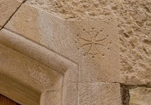 Traditional stone architectural elements along a street in Lofou village, Cyp Stock Photos