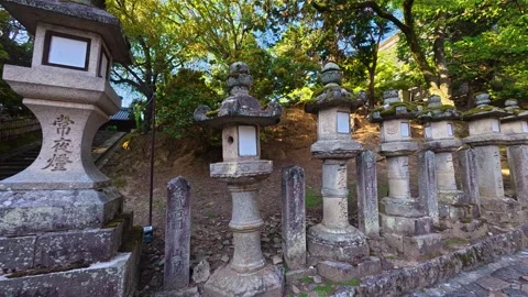 Traditional stone lanterns in the famous ancient city of Nara, Japan Stock Footage 337073555