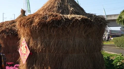Traditional Straw Stack with Fabric Decoration in Rural Setting Stock Footage 264958889