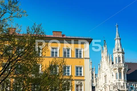 Traditional street view of old buildings in Munich, Bavaria, Germany Stock Photos