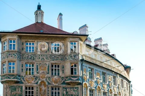 Traditional street view of old buildings in Munich, Bavaria, Germany Stock Photos