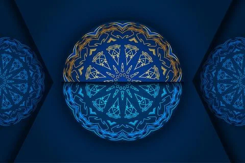 Traditional styled blue mandala pattern with gold concentric Ilustração Stock