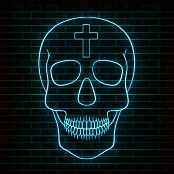 Traditional sugar skull. Element of design for the day of the dead. Neon light Stock Illustration