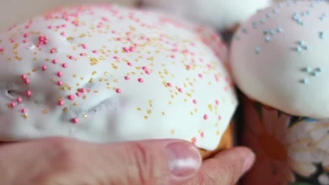 Traditional sweet Easter cakes decorated with white icing-sugar Stock Footage 294708643