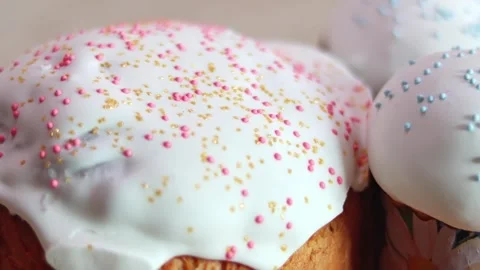 Traditional sweet Easter cakes decorated with white icing-sugar Stock Footage 294708648