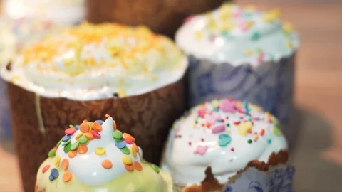 The traditional symbol of Easter is the decorated Easter cake. Sweet baked house Stock Footage 128828851