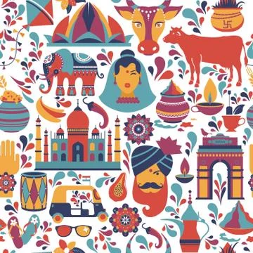 Traditional symbols of India seamless pattern on white background. Illustrazione stock
