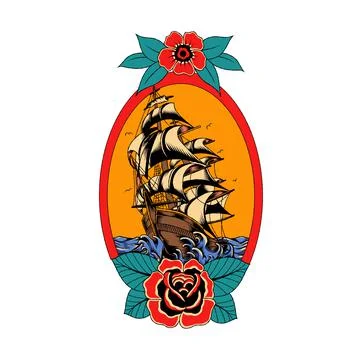 Traditional tattoo ship Stock Illustration