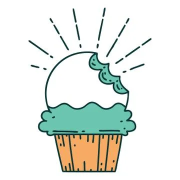 Traditional tattoo style cupcake with missing bite Stock Illustration