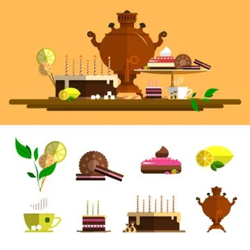 Traditional tea ceremony with samovar. Vector icons set in flat style. Design Stock Illustration