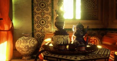 Traditional tea set displayed in a cozy room adorned with intricate patterns Stock Illustration