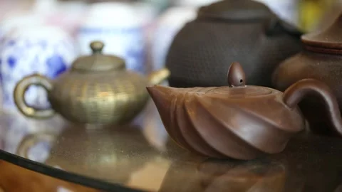 traditional tea table, tea bottles on table Stock-Footage 306040538