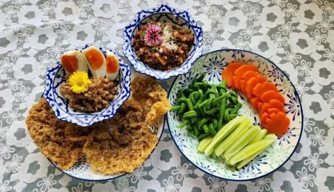 Traditional Thai Chili Paste Set with Crispy Catfish and Vegetables Stock Photos