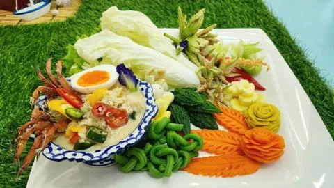 Traditional Thai Crab Soybean Paste Dip Served with Carved Vegetables Stock Photos
