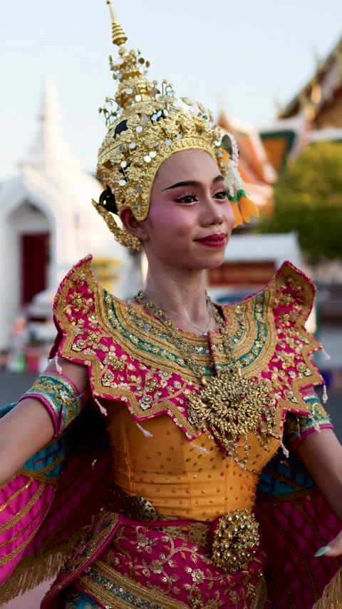 Traditional Thai Dancer Performing Fingernail Dance at Bangkok Temple Stock Footage 341375873