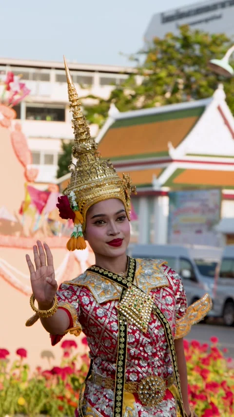 Traditional Thai Dancer Performing in Gold Chada Headdress and Costume Stock Footage 340118100