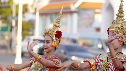 Traditional Thai Dancers Performing Classical Khon Dance in Bangkok Street Stock Footage 337696221