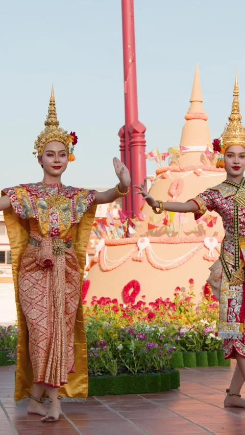 Traditional Thai Dancers Performing Classical Dance in Golden Costumes Stock Footage 341098227
