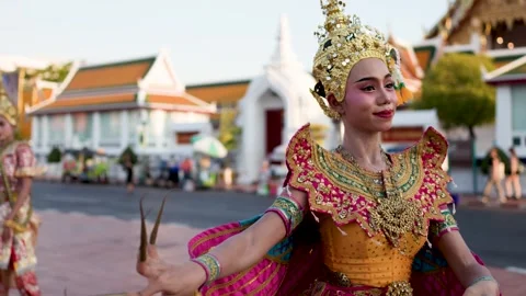 Traditional Thai Fingernail Dancer Performing at a Temple in Bangkok Stock Footage 341098116