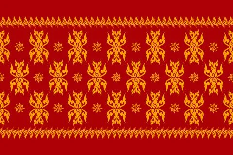 Traditional Thai Gold Pattern on Red Seamless Thai Ornament Vector 스톡 일러스트