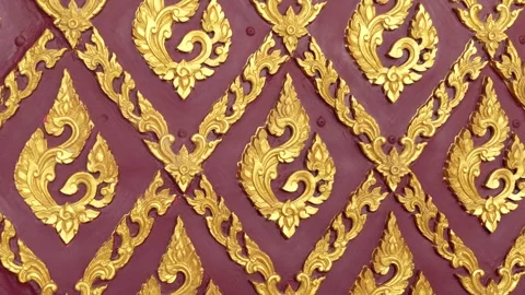 Traditional Thai golden pattern on red background with intricate ornamental Stock Footage 331409662