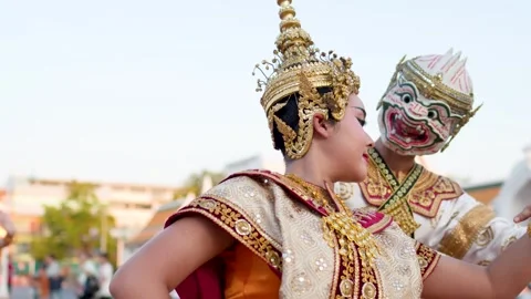 Traditional Thai Khon Dance Performance of Suphannamatcha and Hanuman in Bangkok Stock Footage 332538513