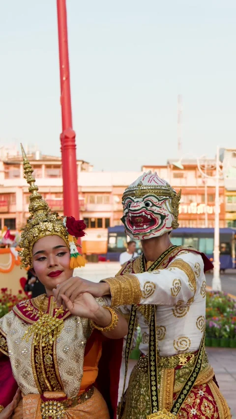 Traditional Thai Khon Dance Performance of Hanuman and Suphannamatcha Stock Footage 333102778