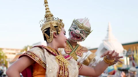 Traditional Thai Khon Dance Performance at Wat Suthat Temple in Bangkok Stock Footage 333306819