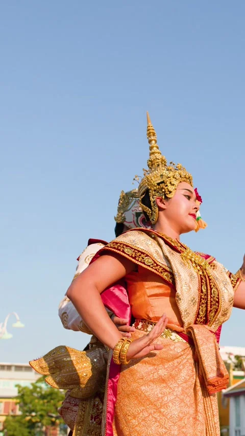 Traditional Thai Khon Dance Performance at Giant Swing in Bangkok Stock Footage 333307048