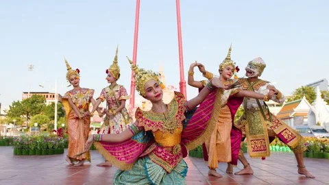 Traditional Thai Khon Dance Performance at Giant Swing in Bangkok Stock Footage 334383418