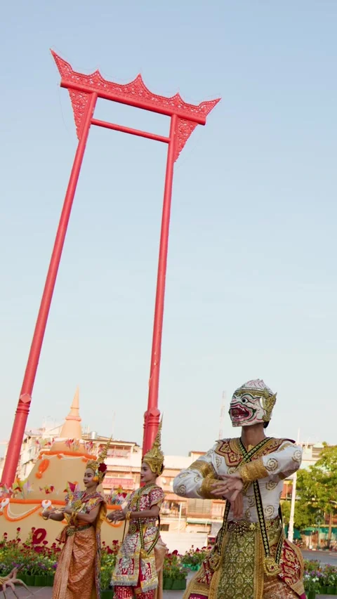 Traditional Thai Khon Dance Performance at the Giant Swing in Bangkok Stock Footage 334650787
