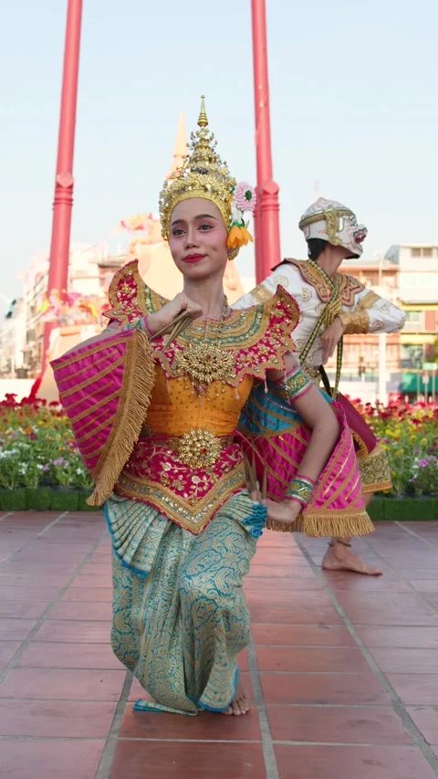 Traditional Thai Khon Dance Performance at Wat Suthat in Bangkok Stock Footage 337388678