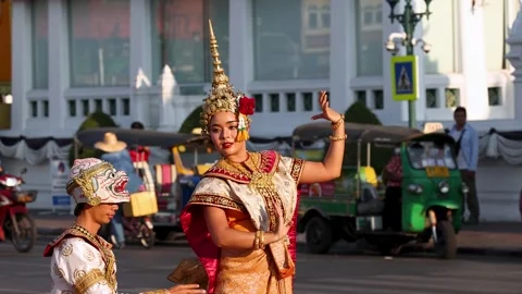 Traditional Thai Khon Dance Performance Near Wat Suthat in Bangkok Stock Footage 337866941