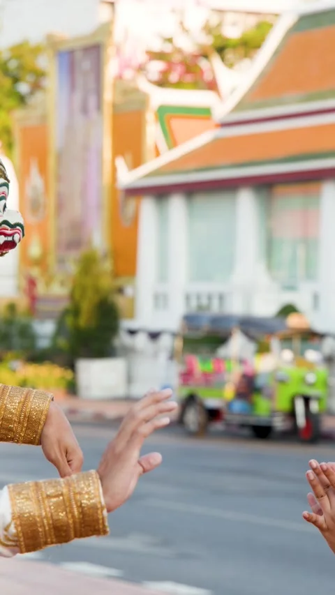 Traditional Thai Khon Dance Performance Near Wat Suthat Temple in Bangkok Stock Footage 337866977