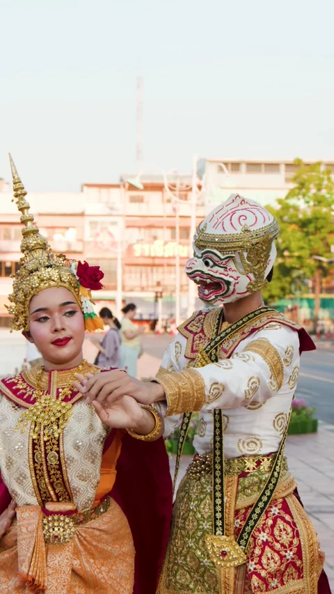 Traditional Thai Khon Dance Performance with Hanuman and Suphannamatcha Stock Footage 337867212