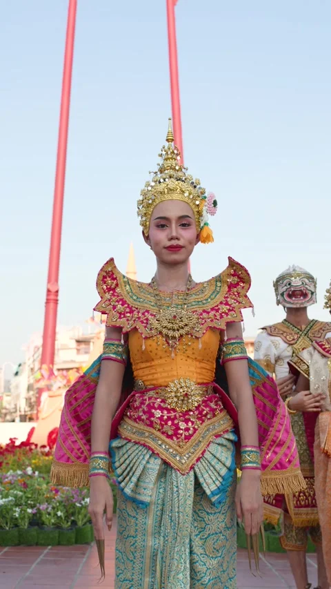 Traditional Thai Khon Dancer in Ornate Costume at Giant Swing Bangkok Stock Footage 345774095