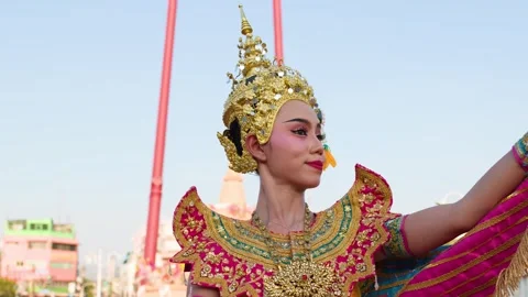 Traditional Thai Khon Dancer Performing in Front of Giant Swing Bangkok Stock Footage 334172060