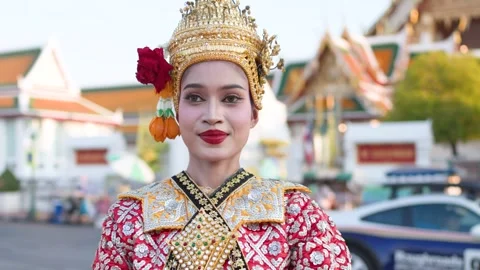 Traditional Thai Khon Dancer Performing Classical Greeting in Front of Temple Stock Footage 337752176