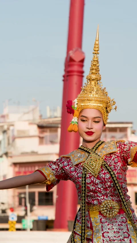 Traditional Thai Khon Dancer Performing in Ornate Gold Costume Outdoors Stock Footage 340118004