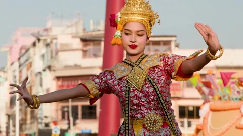 Traditional Thai Khon Dancer Performing in Ornate Gold Costume Outdoors Stock Footage 340118019