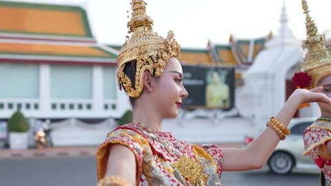 Traditional Thai Khon Dancer Performing in Front of Historic Temple Stock Footage 340252029