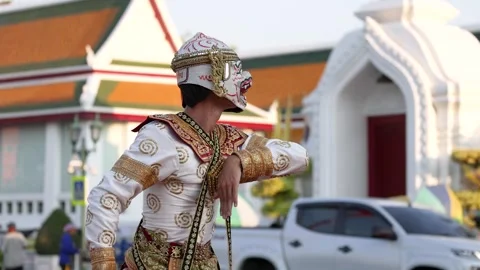 Traditional Thai Khon Dancer Performing Hanuman Mask Dance at Temple Stock Footage 345194884