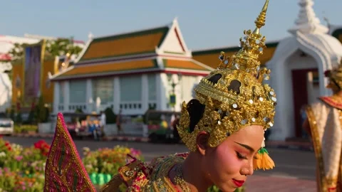 Traditional Thai Khon Dancer Performs at Wat Suthat Near Giant Swing Stock Footage 335621872