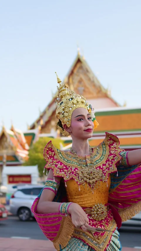 Traditional Thai Khon Dancer Performs Manohra Dance at Wat Suthat Bangkok Stock Footage 337388655