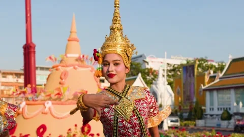 Traditional Thai Khon Dancer Performs at Wat Suthat and Giant Swing Stock Footage 337451772