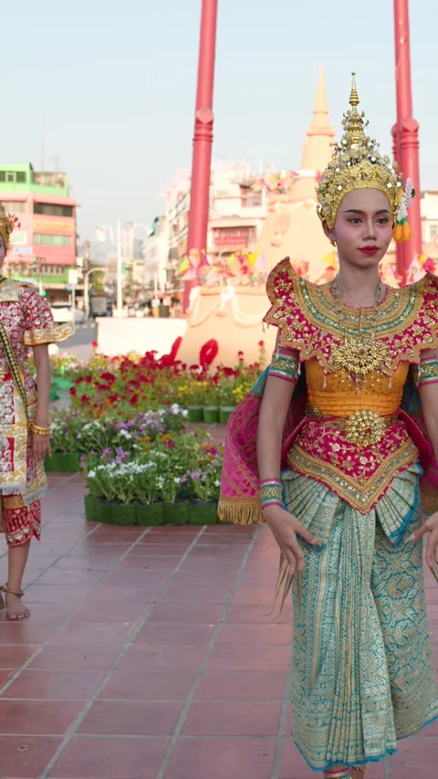 Traditional Thai Khon Dancers Perform at Wat Suthat in Bangkok Stock Footage 338060036