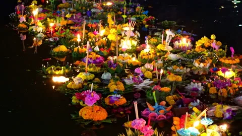 Traditional Thai Krathong Floating On River At Night During Loy Krathong Festiva Stock Footage 336808643
