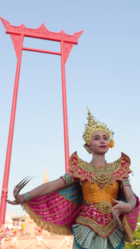 Traditional Thai Manohra Dancer Performs in Front of Giant Swing Stock Footage 333291559