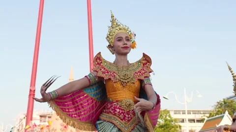 Traditional Thai Manohra Dancer Performs at Wat Suthat in Bangkok Stock Footage 336298969