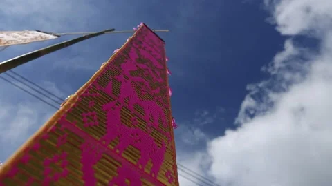 Traditional Thai Woven Textile Pattern Against Blue Sky Low Angle View Stock Footage 338027054